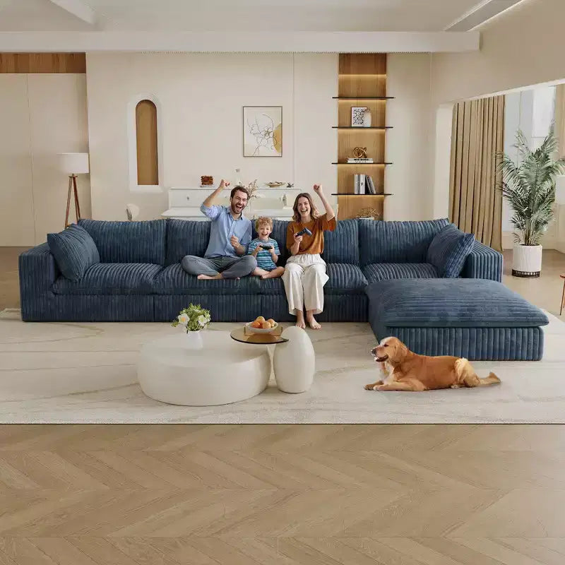 157.6 Divano Blu Nuvola in Tessuto Velluto a Coste con Seduta Profonda e 1 Pouf, Design a Doppio Strato Cuscino Rimovibile Nessun Assemblaggio Fai da Te