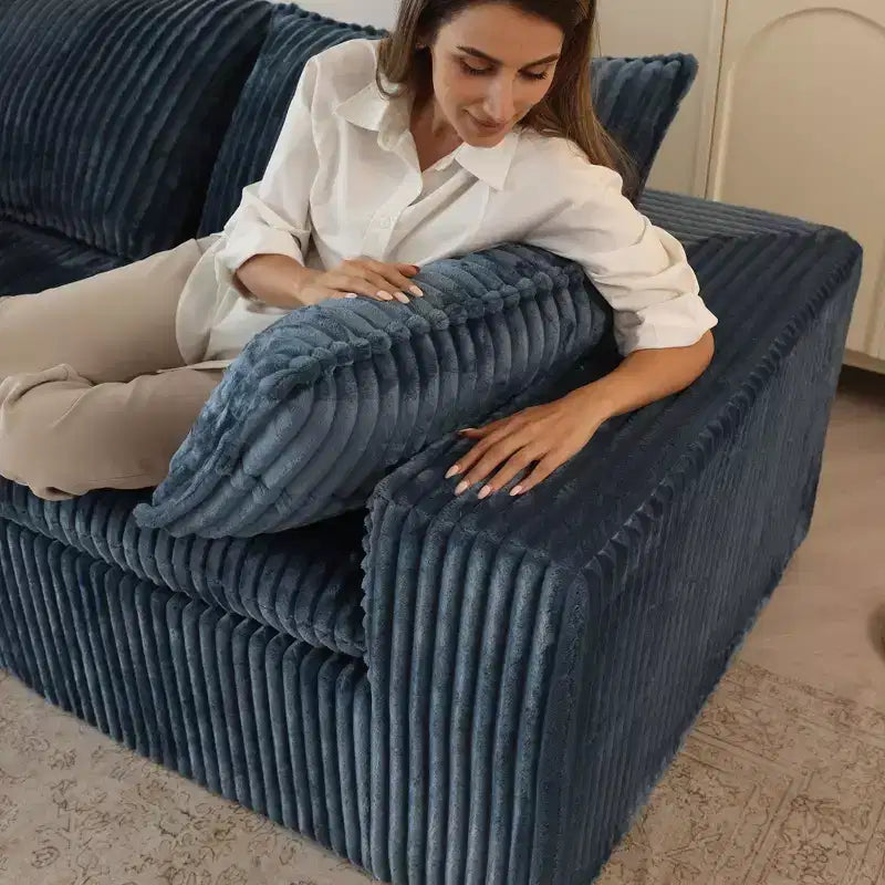 157.6 Divano Blu Nuvola in Tessuto Velluto a Coste con Seduta Profonda e 1 Pouf, Design a Doppio Strato Cuscino Rimovibile Nessun Assemblaggio Fai da Te