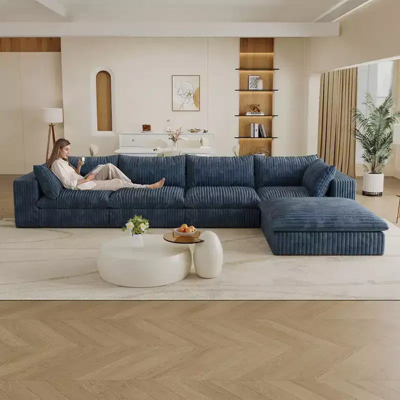 157.6 Divano Blu Nuvola in Tessuto Velluto a Coste con Seduta Profonda e 1 Pouf, Design a Doppio Strato Cuscino Rimovibile Nessun Assemblaggio Fai da Te