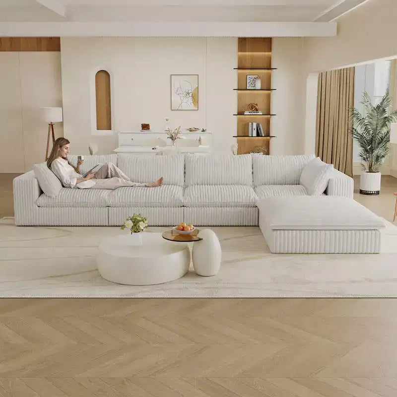 157.6 Divano Blu Nuvola in Tessuto Velluto a Coste con Seduta Profonda e 1 Pouf, Design a Doppio Strato Cuscino Rimovibile Nessun Assemblaggio Fai da Te