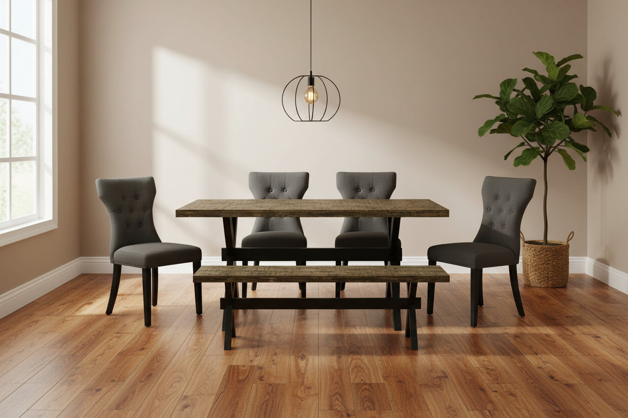 HomeStock 6-Pc Rectangle Natural Oak Finish Solid Wood Top Dining Table with 1-Bench, 4-Chairs