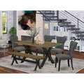 Tavolo da pranzo da 6 pezzi rettangolare con piano in legno massello con finitura rovere naturale, 1 panca, 4 sedie