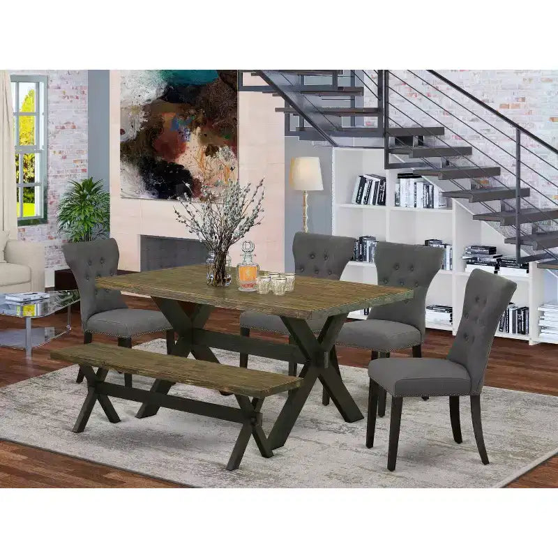 Tavolo da pranzo da 6 pezzi rettangolare con piano in legno massello con finitura rovere naturale, 1 panca, 4 sedie