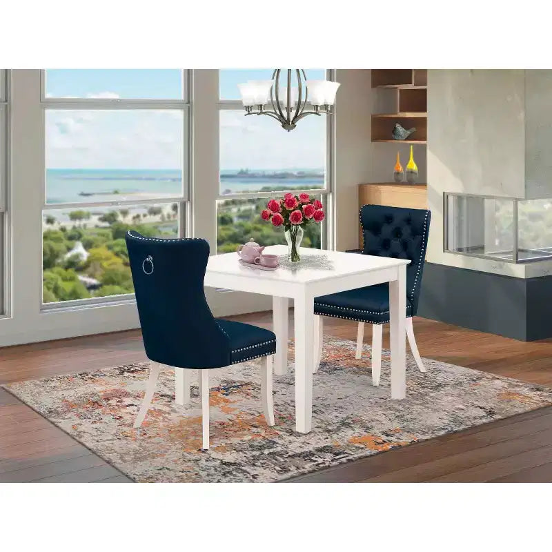 Set tavolo da pranzo 3 pezzi in legno massello con piano quadrato in finitura bianco lino
