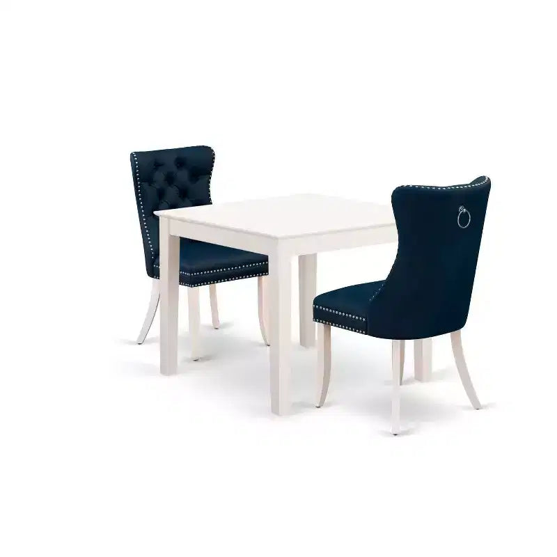 Set tavolo da pranzo 3 pezzi in legno massello con piano quadrato in finitura bianco lino