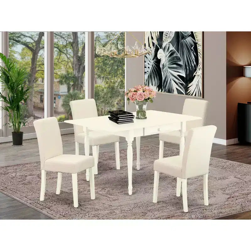 Set Sala da Pranzo 5 Pezzi con Piano in Legno Massello Finitura Bianco Lino - con Ribalte (4 Posti)