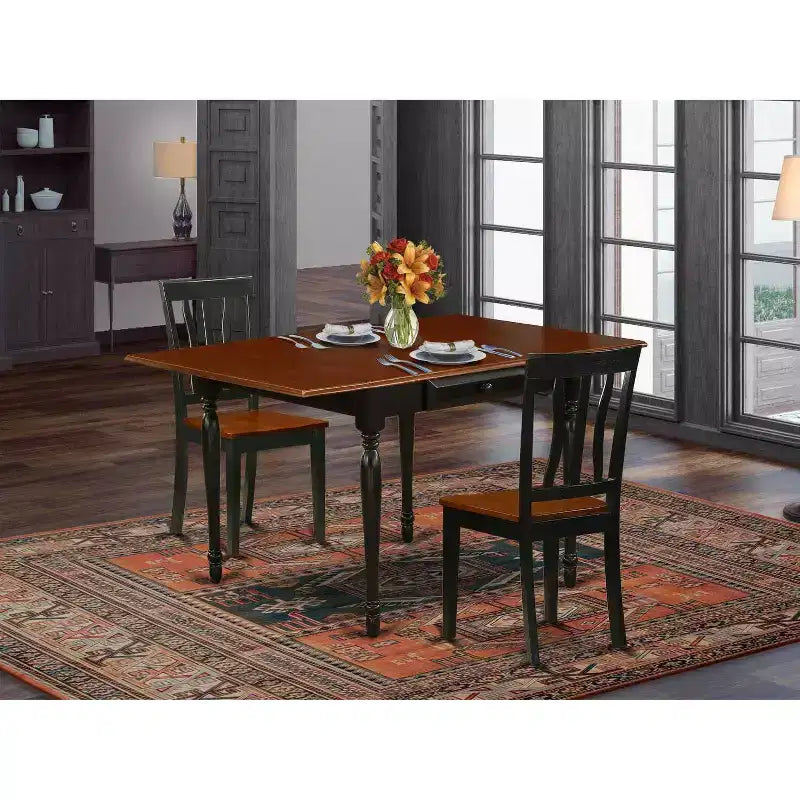 Set Tavolo da Pranzo a 3 Pezzi con Piano in Legno Massello Finitura Nera e Ciliegio con Ribalte