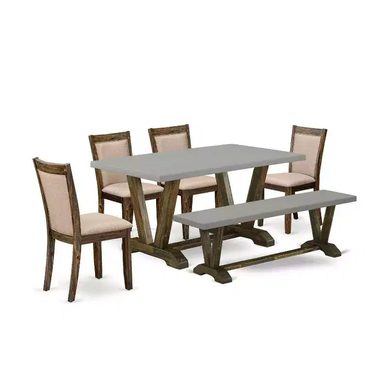 HomeStock 6-Piece Rectangle Distressed Jacobean Finish Solid Wood Top Dining Table with 1-Bench, 4-Chairs