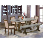 Tavolo da pranzo rettangolare in legno massello con finitura anticata Jacobean, 6 pezzi, con 1 panca e 4 sedie