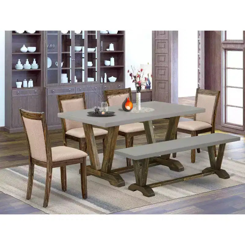 Tavolo da pranzo rettangolare in legno massello con finitura anticata Jacobean, 6 pezzi, con 1 panca e 4 sedie