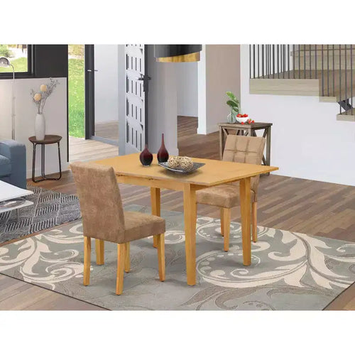 Set da pranzo da 3 pezzi con piano rettangolare in legno massello finitura rovere marrone naturale e prolunga a farfalla