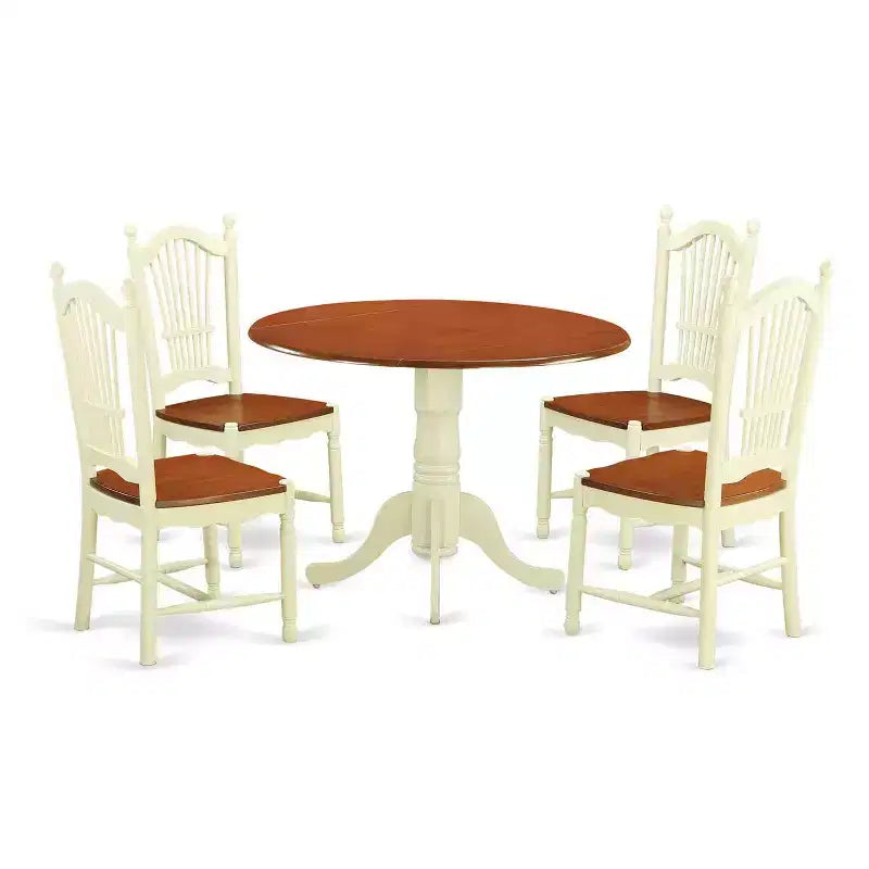 HomeStock 5-Piece Round Buttermilk and Cherry Finish Solid Wood Top Dining table with 4 Chairs