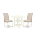 HomeStock 3-Piece Linen White Finish Round Solid Wood Top With Dropleaf Dining Table Set