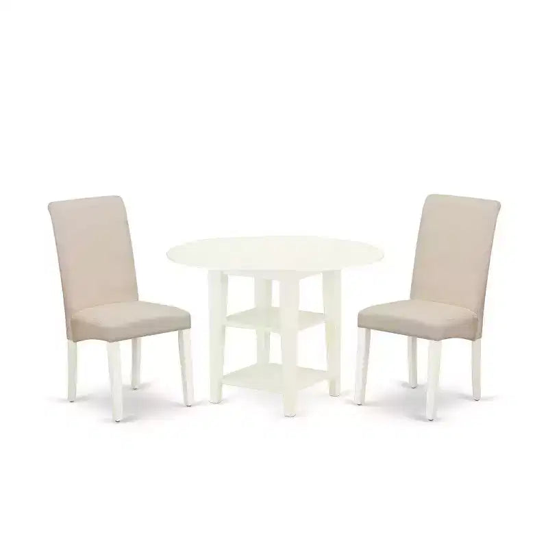 HomeStock 3-Piece Linen White Finish Round Solid Wood Top With Dropleaf Dining Table Set