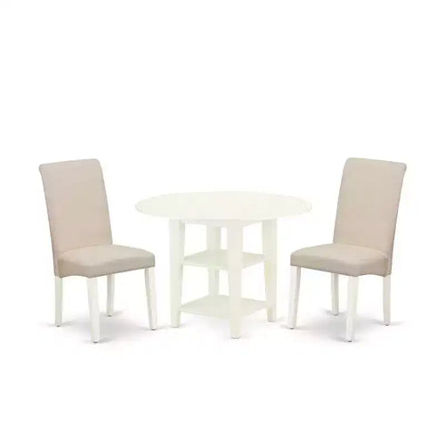 HomeStock 3-Piece Linen White Finish Round Solid Wood Top With Dropleaf Dining Table Set