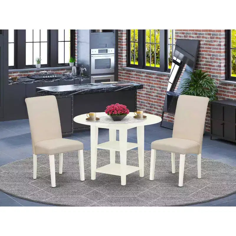 Set da Pranzo 3 Pezzi con Tavolo Rotondo con Piano in Legno Massello Finitura Bianco Lino con Ante a Scomparsa