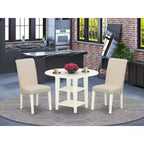 Set da Pranzo 3 Pezzi con Tavolo Rotondo con Piano in Legno Massello Finitura Bianco Lino con Ante a Scomparsa
