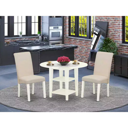 Set da Pranzo 3 Pezzi con Tavolo Rotondo con Piano in Legno Massello Finitura Bianco Lino con Ante a Scomparsa