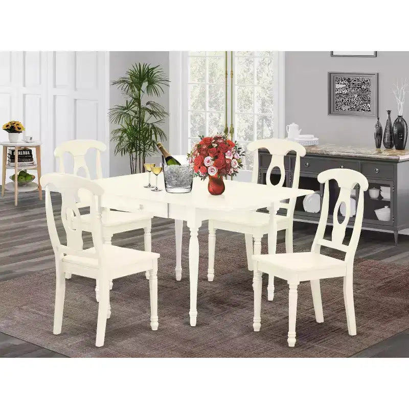 Tavolo da pranzo con piano in legno massello e 4 sedie, finitura Buttermilk e Cherry, 5 pezzi