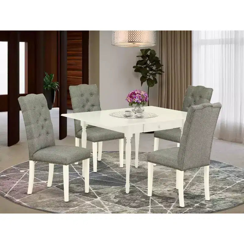 Set di 5 pezzi, finitura bianca in lino, top in legno massello - Sala da pranzo con prolunga - 4 posti a sedere