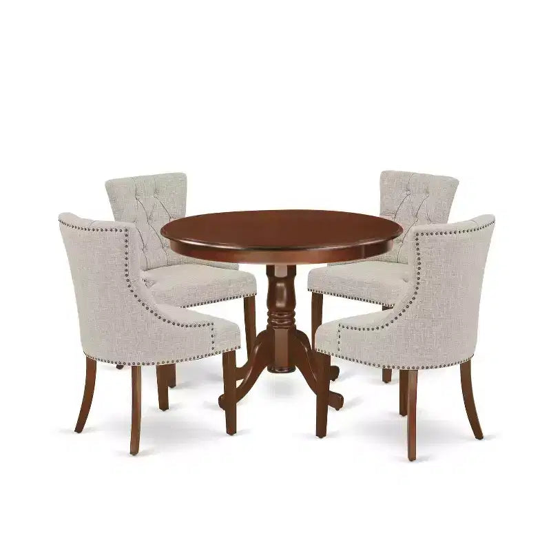 HomeStock 5-Piece Round Mahogany Finish Solid Wood Top Dining Table with 4 Parson Chair