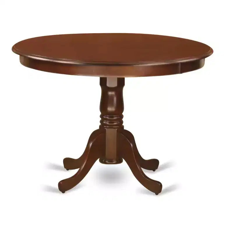 Tavolo da pranzo rotondo con piano in legno massello finitura mogano a 5 pezzi con 4 sedie Parson