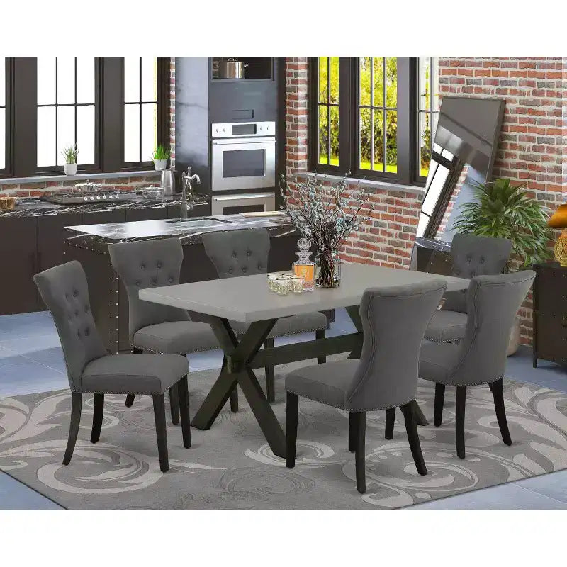 Tavolo da pranzo rettangolare a 7 pezzi con piano in legno massello di rovere naturale e 6 sedie Parson