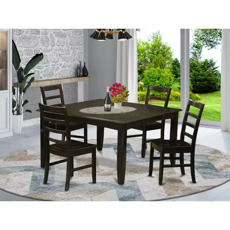 Tavolo da pranzo quadrato in legno massello finitura cappuccino a 5 pezzi con 4 sedie