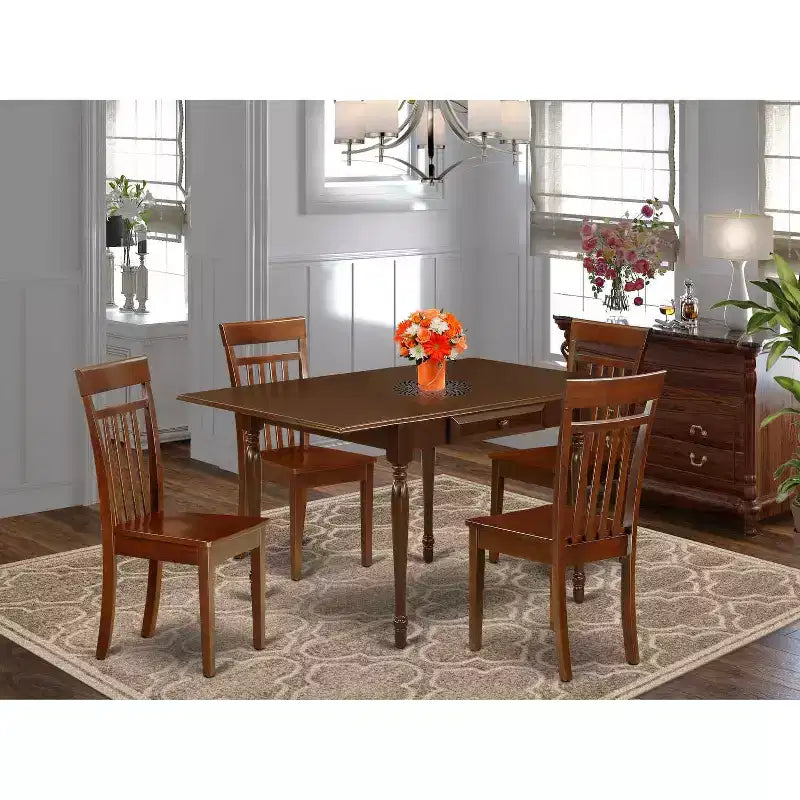 Set da pranzo in 5 pezzi con piano in legno massello finitura mogano - con alette a ribalta - 4 posti a sedere