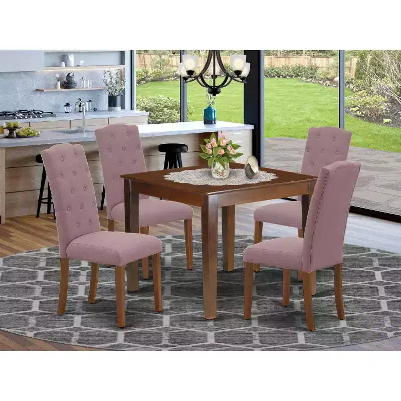 Set 5 pezzi in legno massello con finitura mogano – Tavolo da pranzo quadrato – 4 posti a sedere