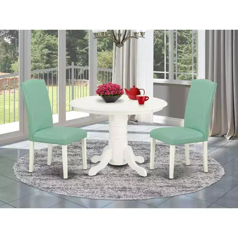 Set da pranzo 3 pezzi: tavolo rotondo e 2 sedie Parsons - Tavolo da cucina 42" - Gambe bianche lino, ecopelle Pond