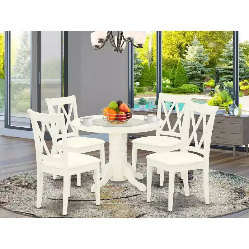 Tavolo da pranzo rotondo a 5 pezzi in legno massello con finitura color latticello e ciliegio con 4 sedie con schienale a croce