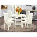 Set da pranzo da 5 pezzi in legno massello con finitura lino bianco - Top rotondo - 4 posti a sedere