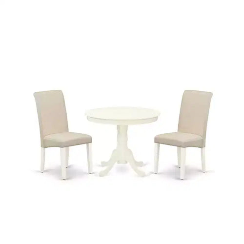 HomeStock 3-Pc Round Linen White Finish Solid Wood Top-Dining Room Set-Seats 4